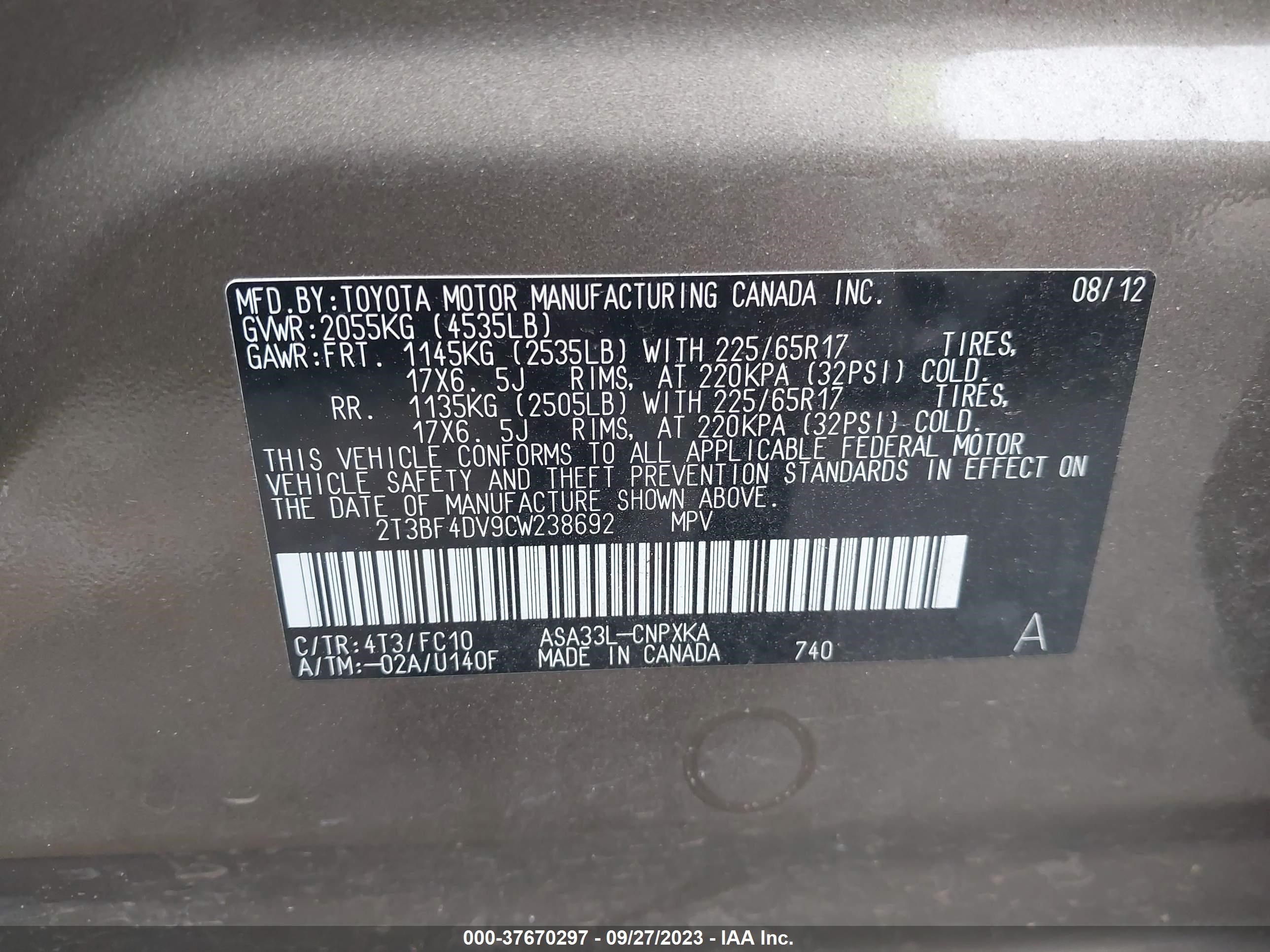 Photo 8 VIN: 2T3BF4DV9CW238692 - TOYOTA RAV 4 