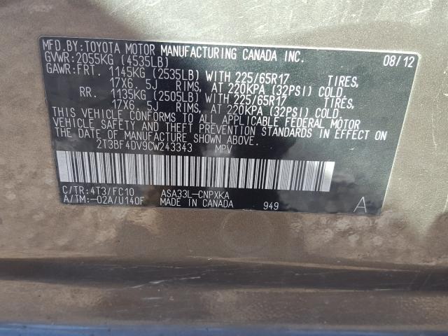 Photo 9 VIN: 2T3BF4DV9CW243343 - TOYOTA RAV4 