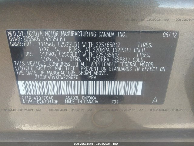 Photo 8 VIN: 2T3BF4DVXCW229676 - TOYOTA RAV4 