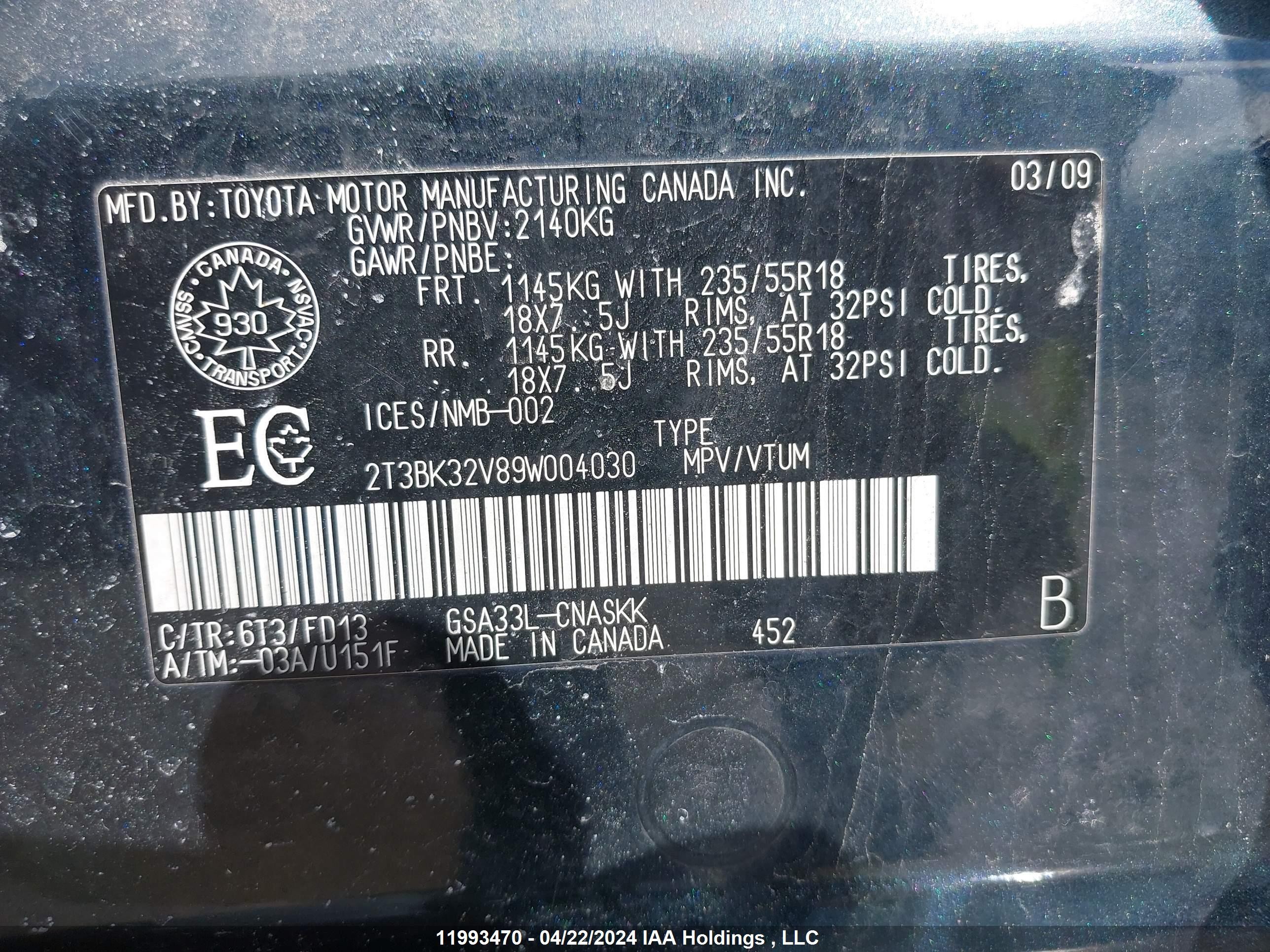 Photo 8 VIN: 2T3BK32V89W004030 - TOYOTA RAV 4 