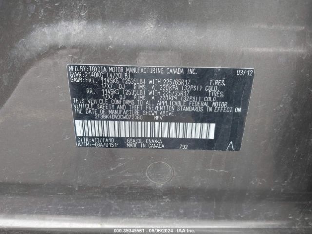 Photo 8 VIN: 2T3BK4DV9CW072380 - TOYOTA RAV4 