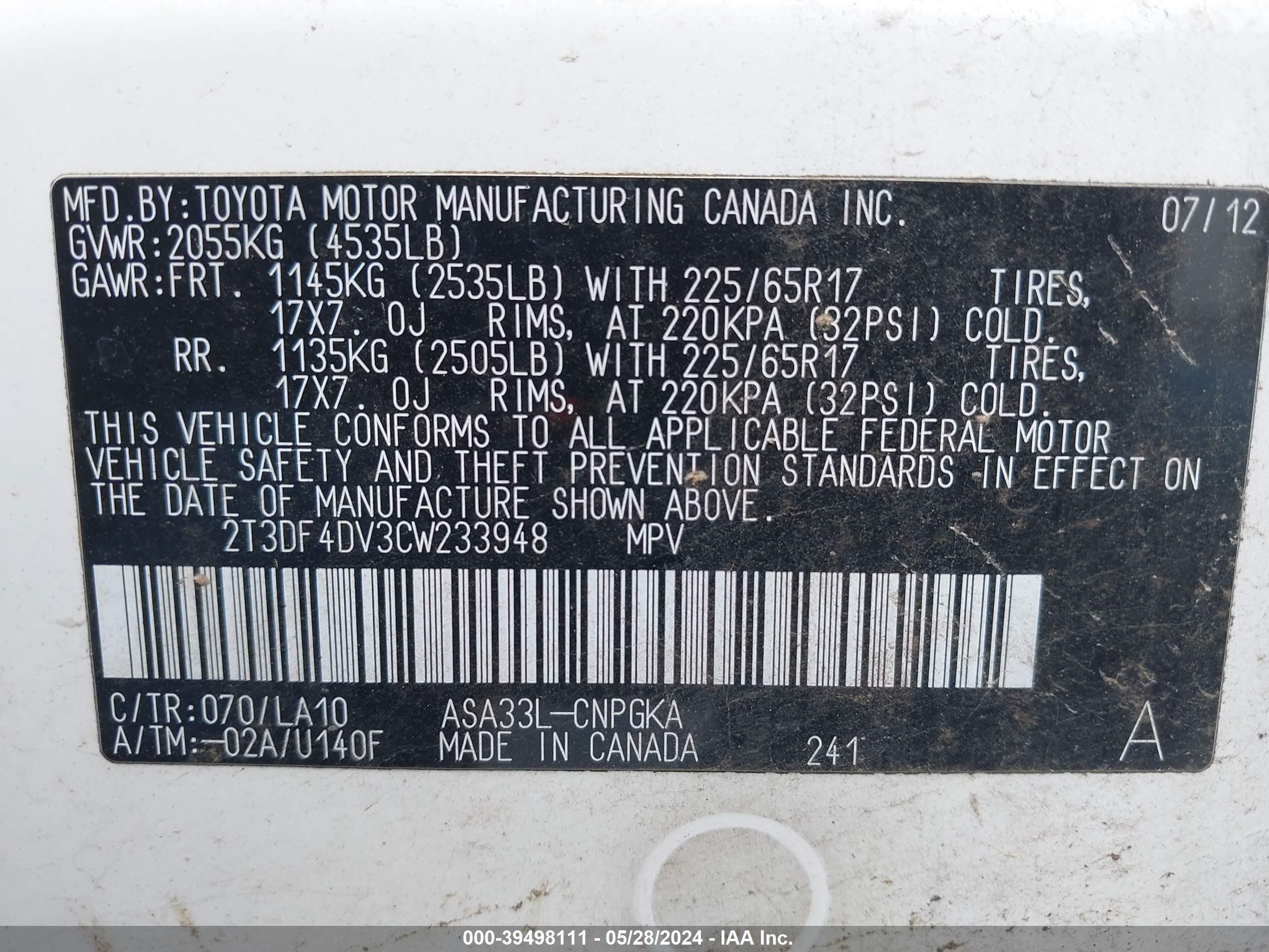 Photo 8 VIN: 2T3DF4DV3CW233948 - TOYOTA RAV 4 