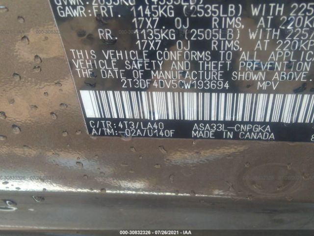 Photo 8 VIN: 2T3DF4DV5CW193694 - TOYOTA RAV4 