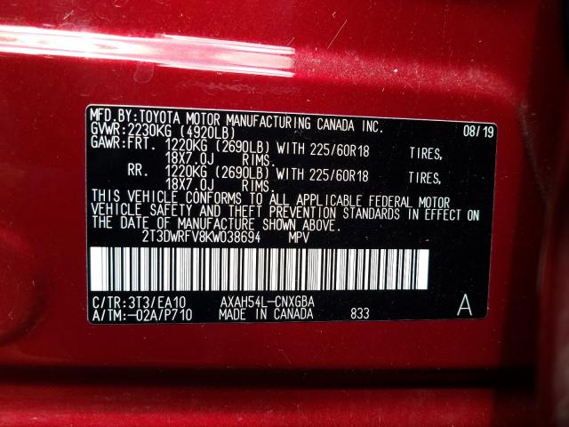 Photo 9 VIN: 2T3DWRFV8KW038694 - TOYOTA RAV4 LIMIT 