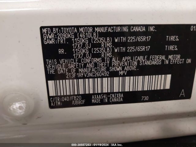 Photo 8 VIN: 2T3F1RFV3NC260492 - TOYOTA RAV4 