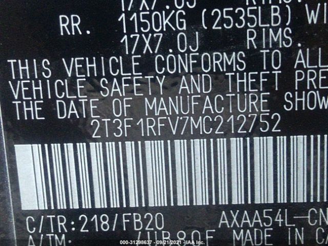 Photo 8 VIN: 2T3F1RFV7MC212752 - TOYOTA RAV4 