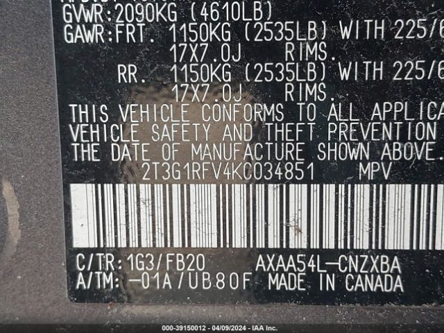 Photo 8 VIN: 2T3G1RFV4KC034851 - TOYOTA RAV4 