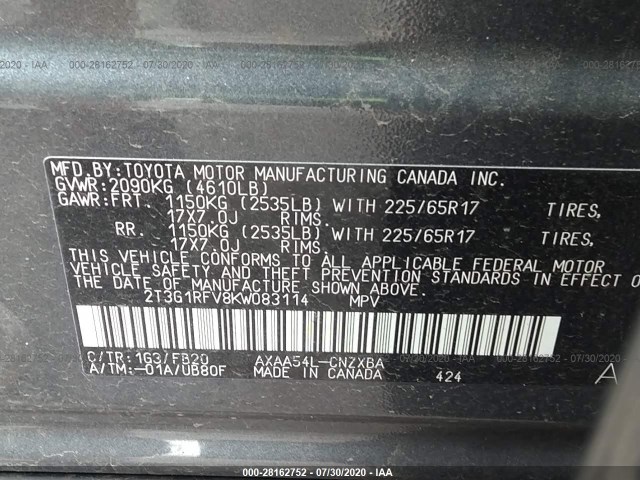 Photo 8 VIN: 2T3G1RFV8KW083114 - TOYOTA RAV4 