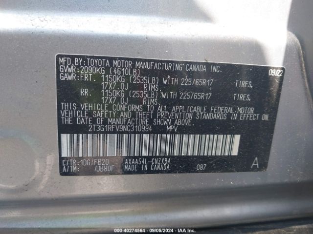 Photo 8 VIN: 2T3G1RFV9NC310994 - TOYOTA RAV4 