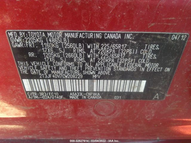 Photo 8 VIN: 2T3JF4DV7CW208229 - TOYOTA RAV4 