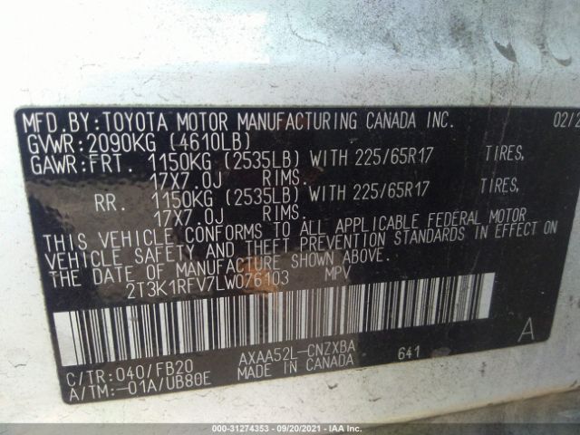 Photo 8 VIN: 2T3K1RFV7LW076103 - TOYOTA RAV4 