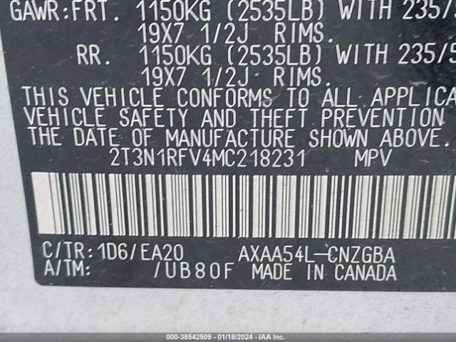 Photo 8 VIN: 2T3N1RFV4MC218231 - TOYOTA RAV4 