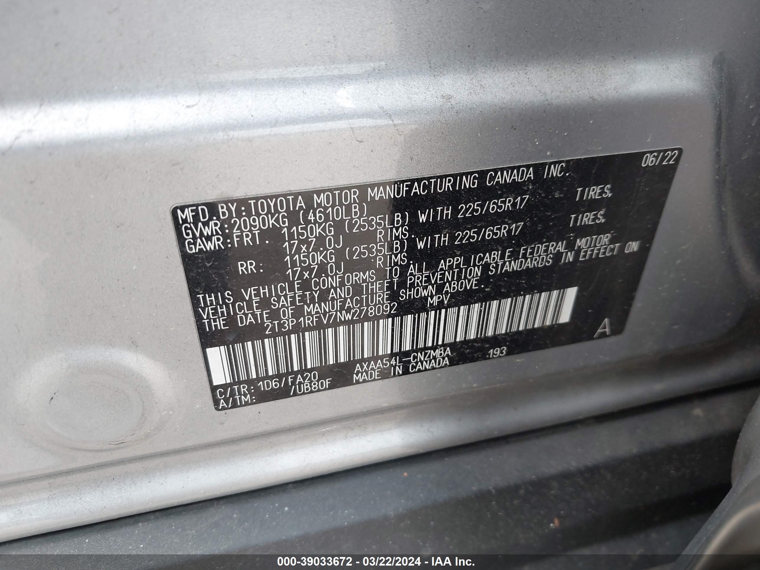 Photo 8 VIN: 2T3P1RFV7NW278092 - TOYOTA RAV 4 