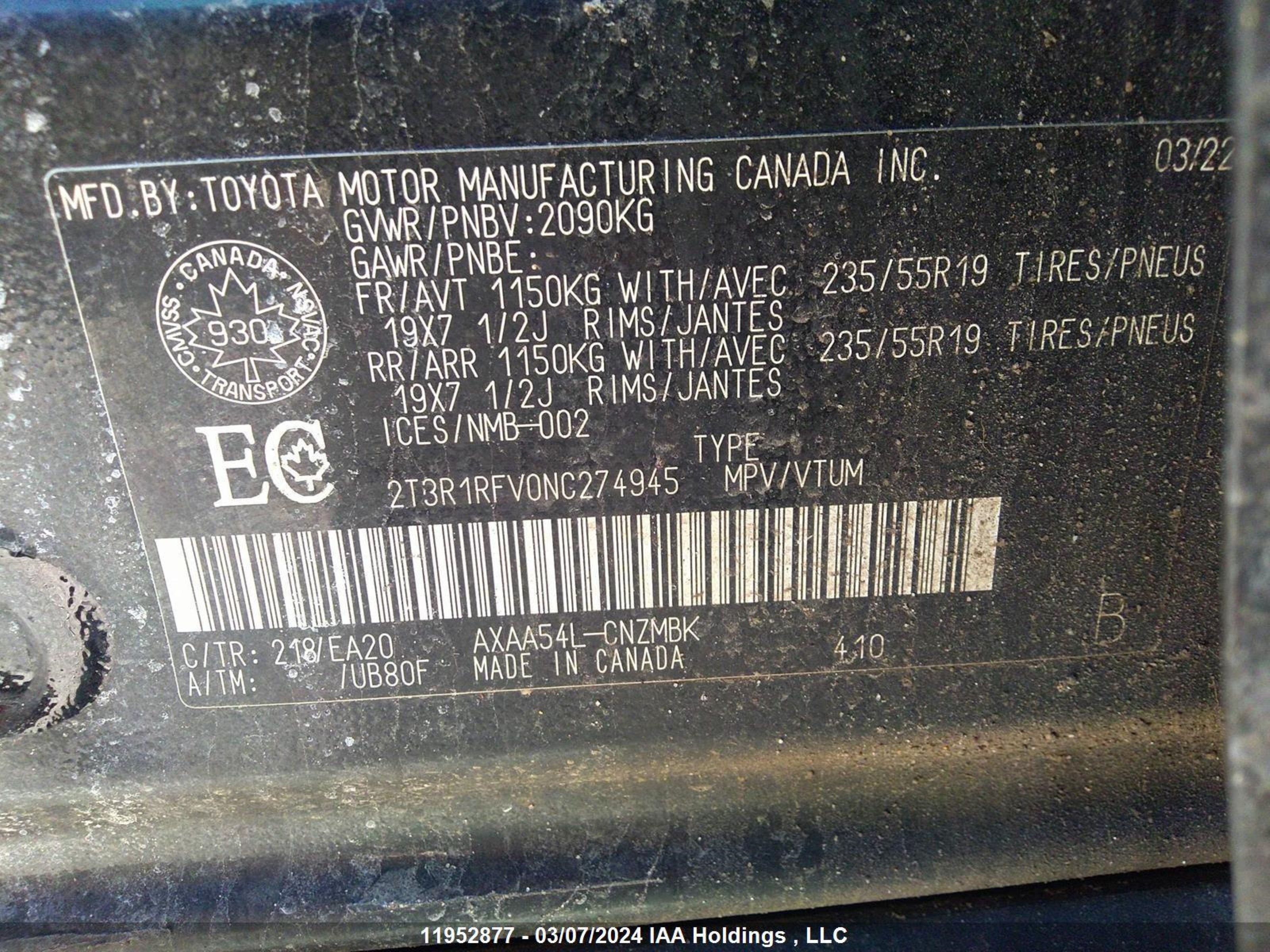 Photo 8 VIN: 2T3R1RFV0NC274945 - TOYOTA RAV 4 