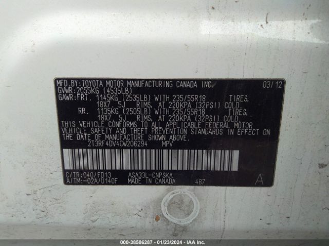 Photo 8 VIN: 2T3RF4DV4CW206294 - TOYOTA RAV4 