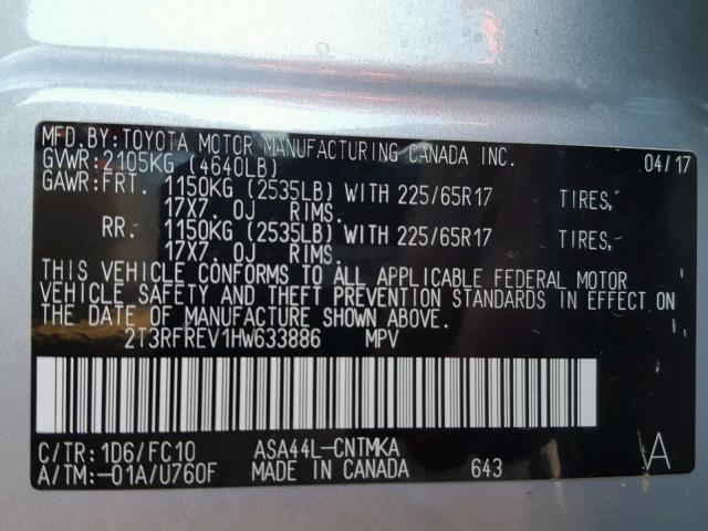 Photo 9 VIN: 2T3RFREV1HW633886 - TOYOTA RAV4 XLE 