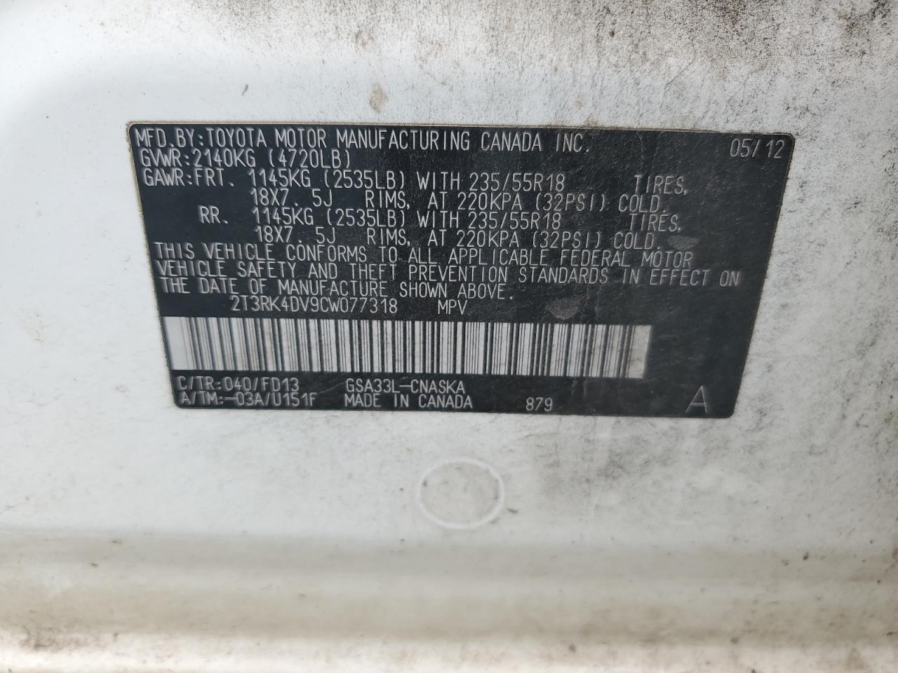 Photo 12 VIN: 2T3RK4DV9CW077318 - TOYOTA RAV 4 