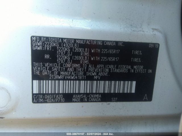 Photo 8 VIN: 2T3RWRFV4KW041811 - TOYOTA RAV4 HYBRID 