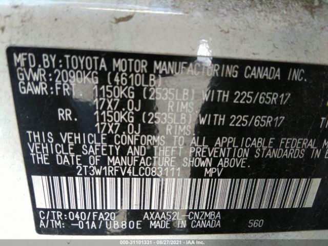 Photo 8 VIN: 2T3W1RFV4LC083111 - TOYOTA RAV4 