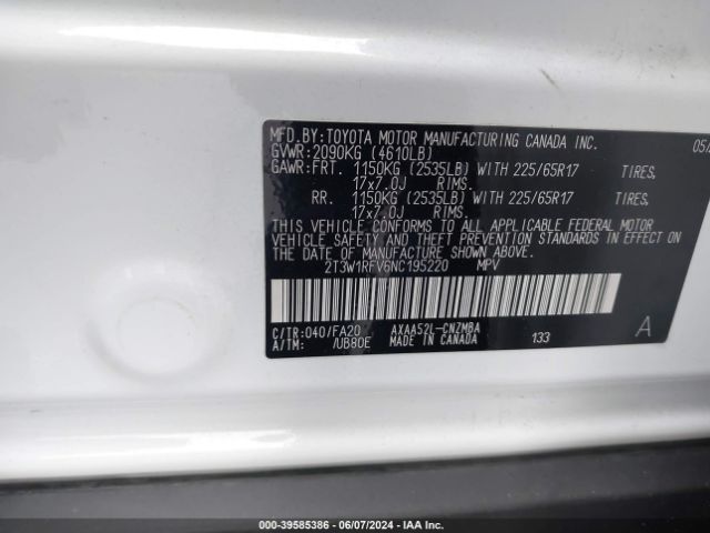 Photo 8 VIN: 2T3W1RFV6NC195220 - TOYOTA RAV4 XLE 