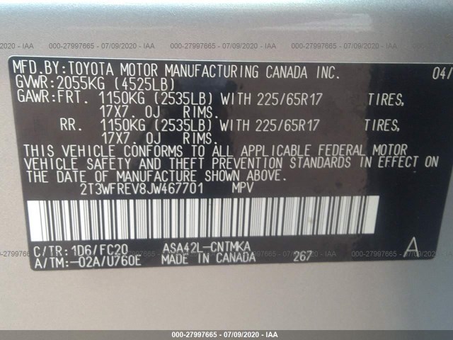 Photo 8 VIN: 2T3WFREV8JW467701 - TOYOTA RAV4 