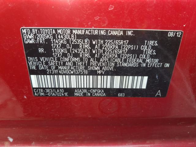 Photo 9 VIN: 2T3YF4DV0CW137518 - TOYOTA RAV4 LIMIT 