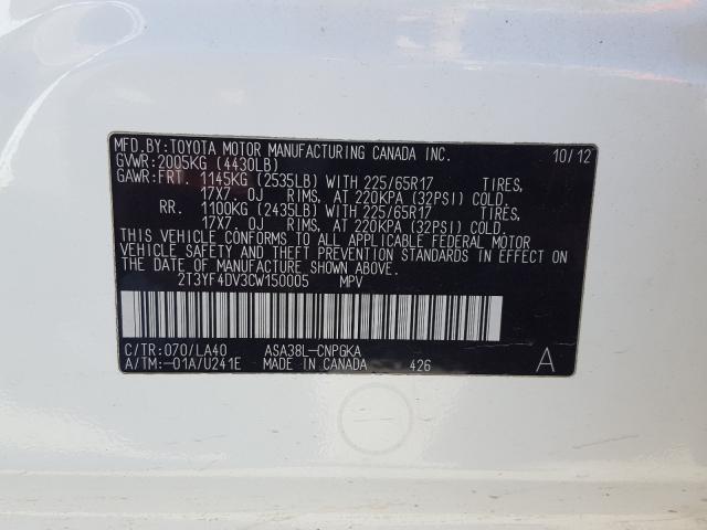 Photo 9 VIN: 2T3YF4DV3CW150005 - TOYOTA RAV4 LIMIT 