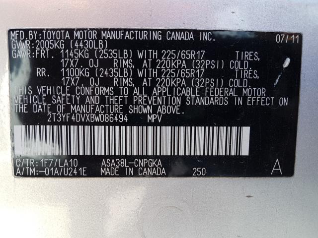 Photo 9 VIN: 2T3YF4DVXBW086494 - TOYOTA RAV4 LIMIT 