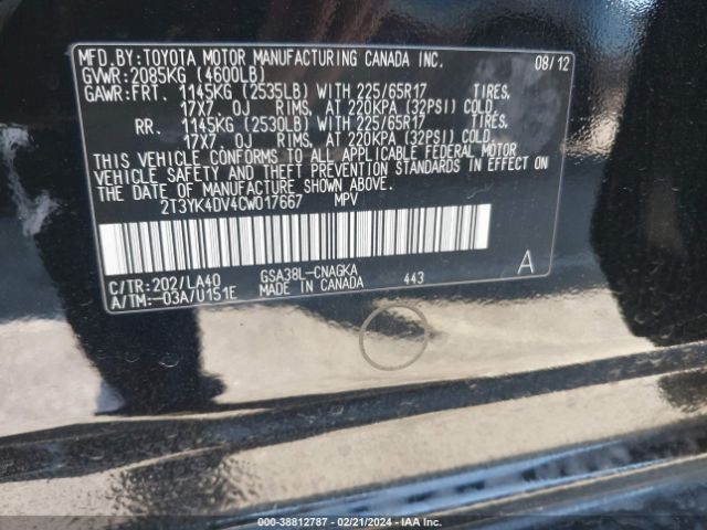 Photo 8 VIN: 2T3YK4DV4CW017667 - TOYOTA RAV4 