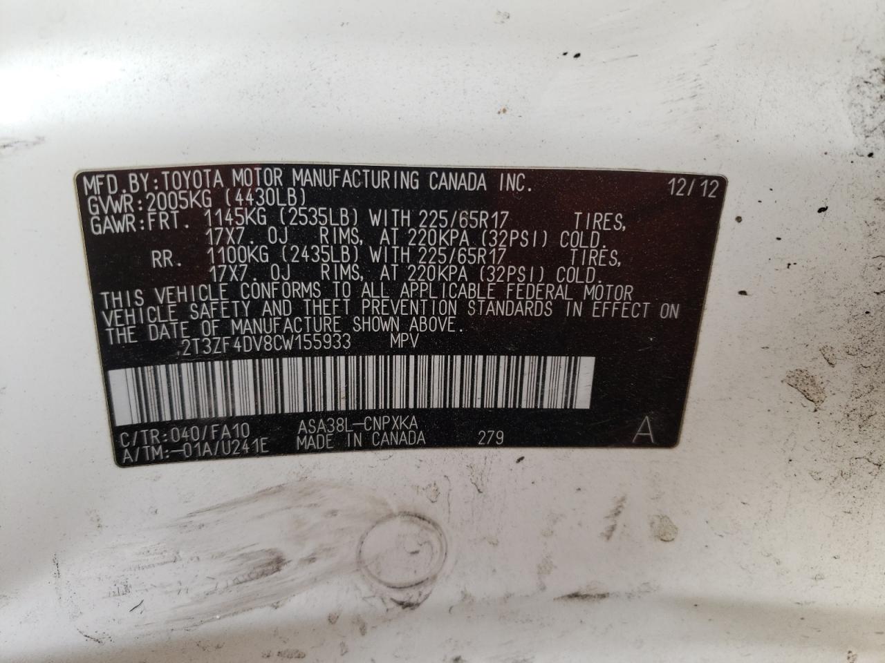 Photo 12 VIN: 2T3ZF4DV8CW155933 - TOYOTA RAV 4 