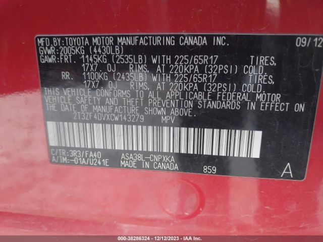 Photo 8 VIN: 2T3ZF4DVXCW143279 - TOYOTA RAV4 