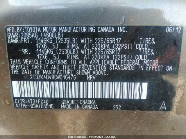 Photo 8 VIN: 2T3ZK4DV8CW016476 - TOYOTA RAV4 