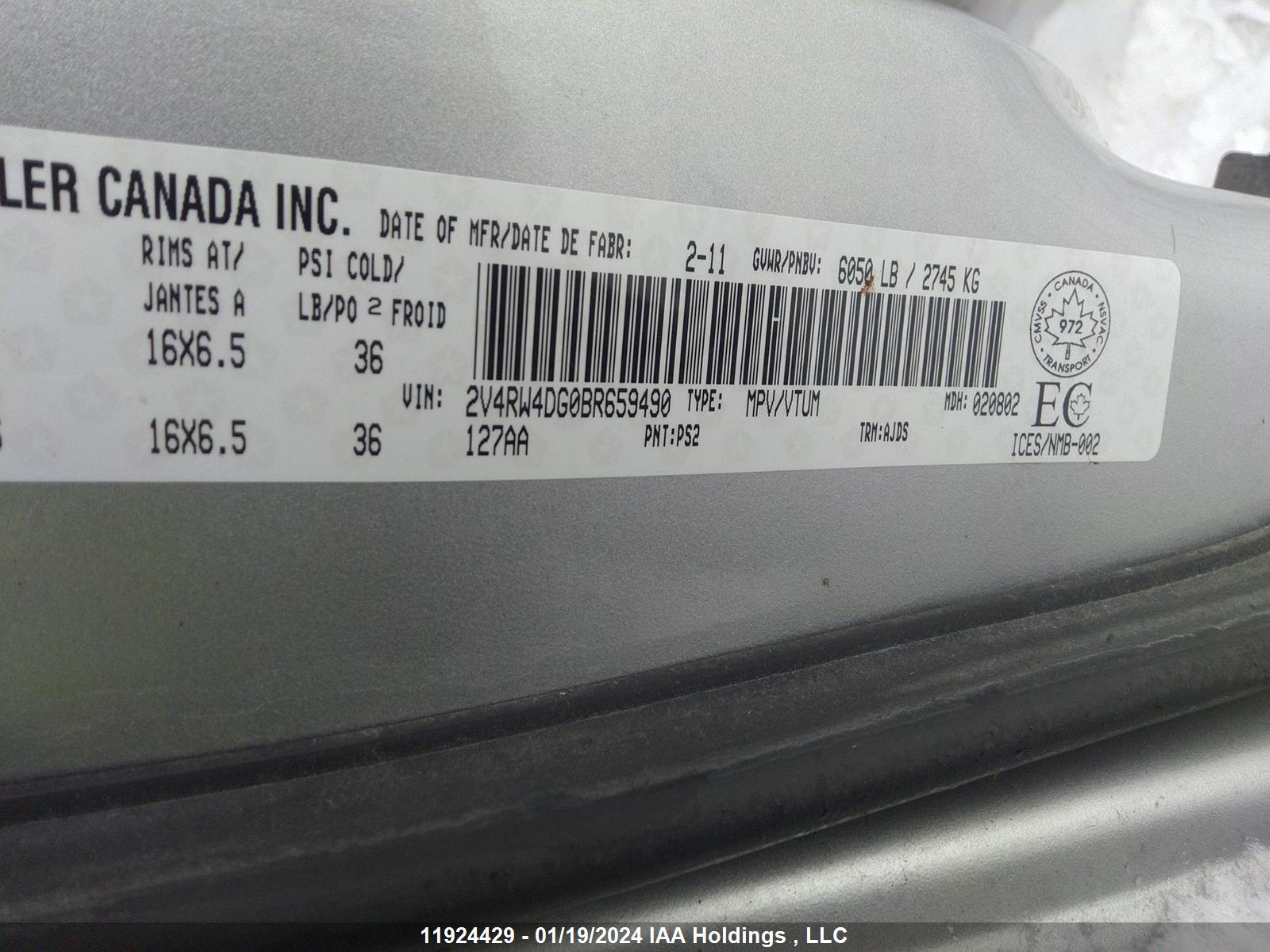 Photo 8 VIN: 2V4RW4DG0BR659490 - VOLKSWAGEN ROUTAN 