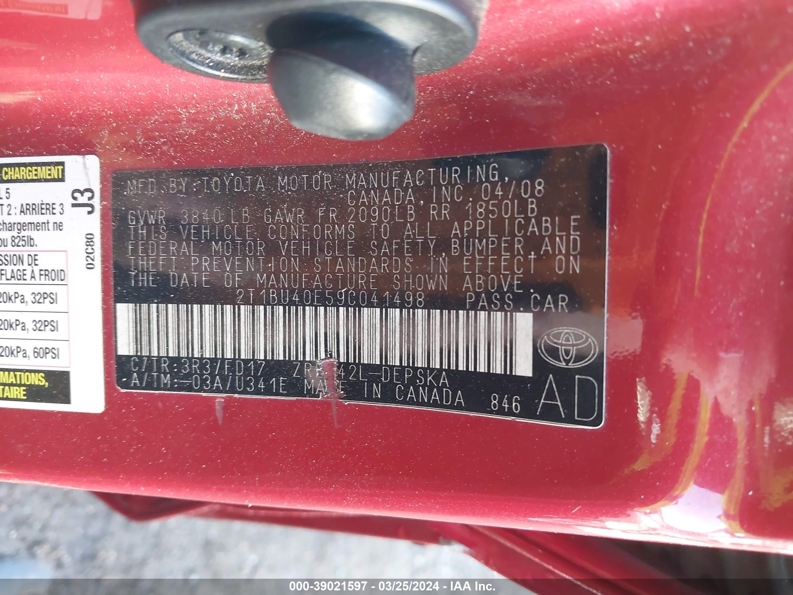 Photo 8 VIN: 2W1BU40E59C041498 - TOYOTA COROLLA 