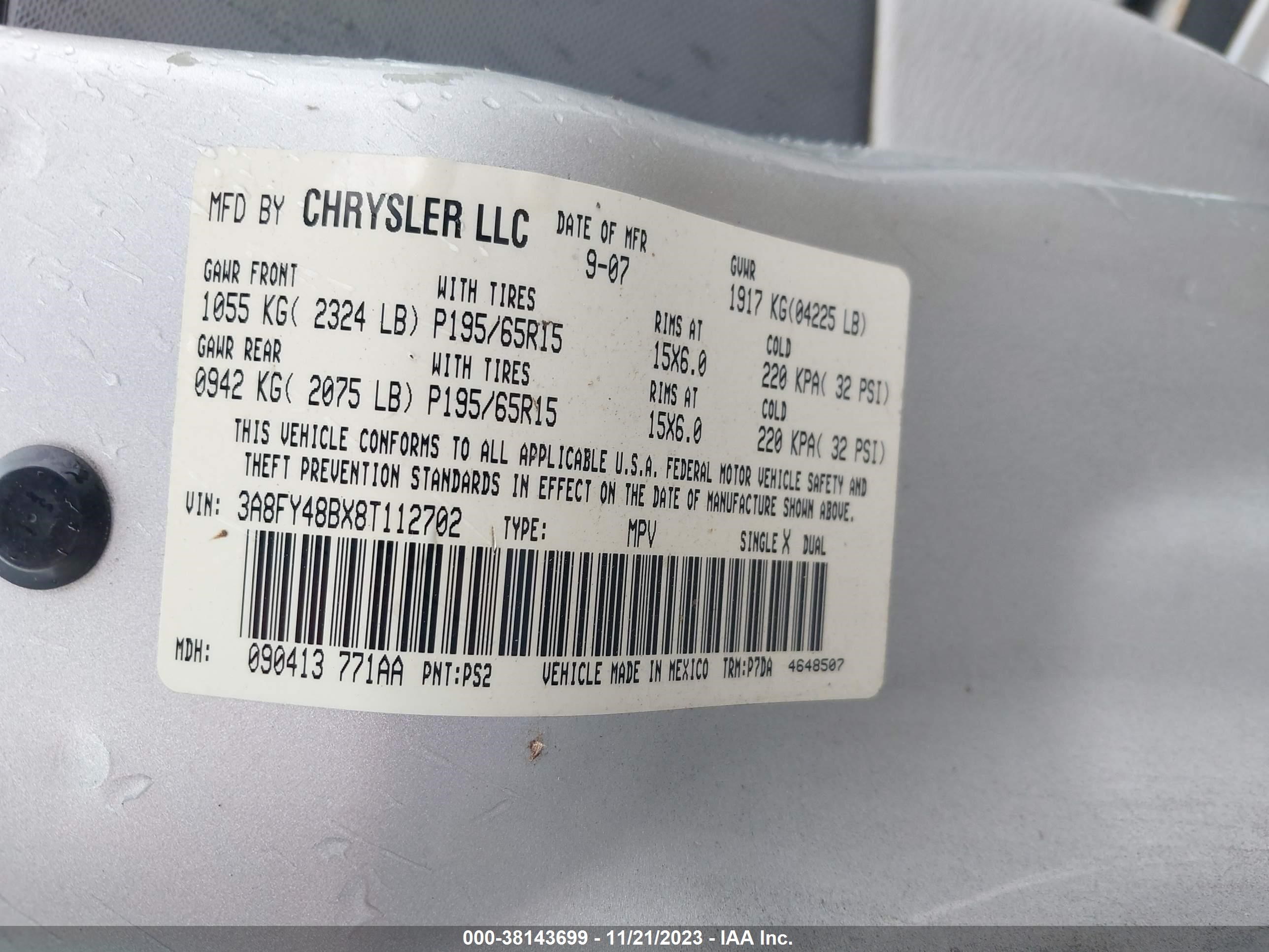 Photo 8 VIN: 3A8FY48BX8T112702 - CHRYSLER PT CRUISER 