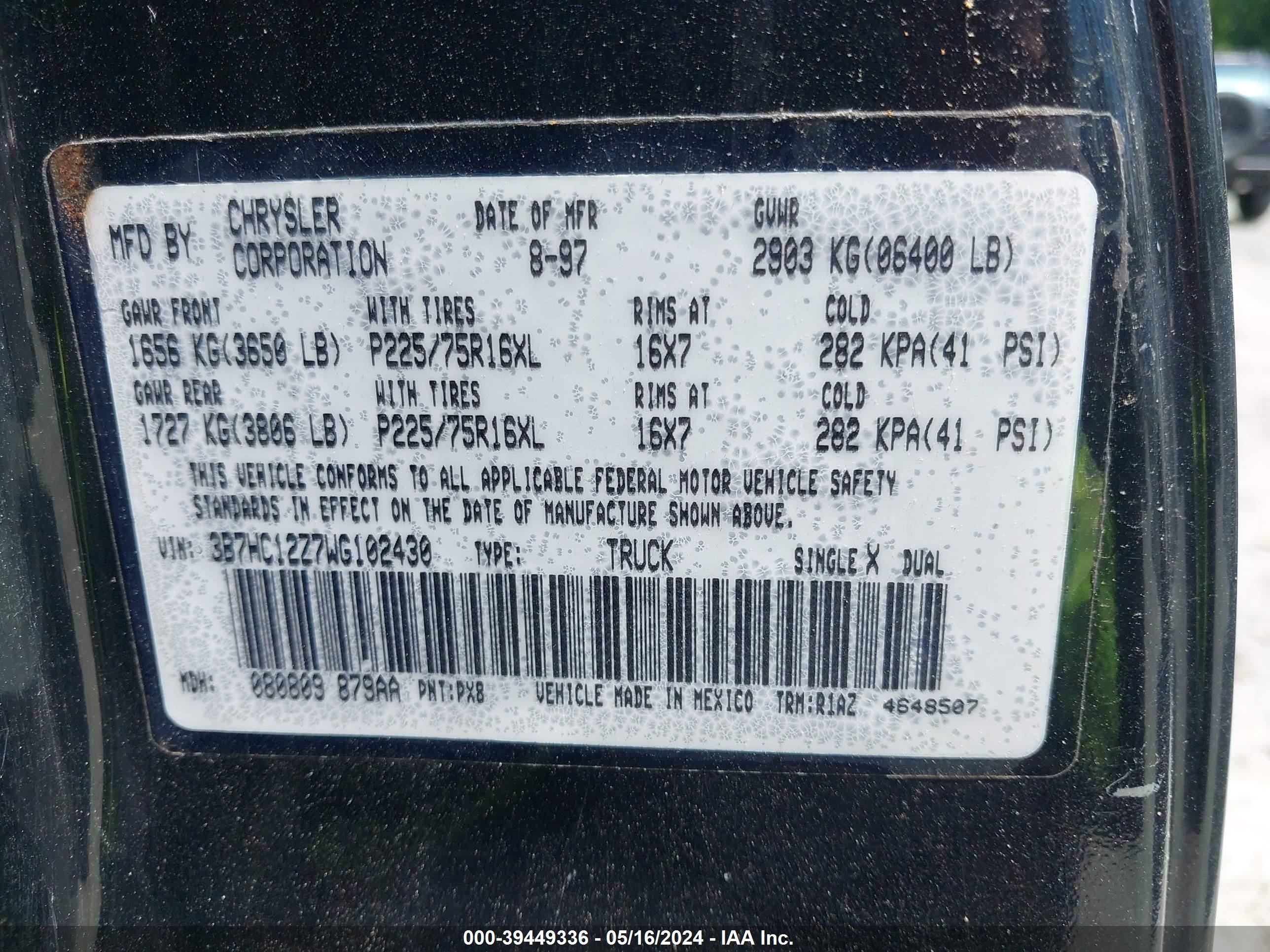 Photo 8 VIN: 3B7HC12Z7WG102430 - DODGE RAM 