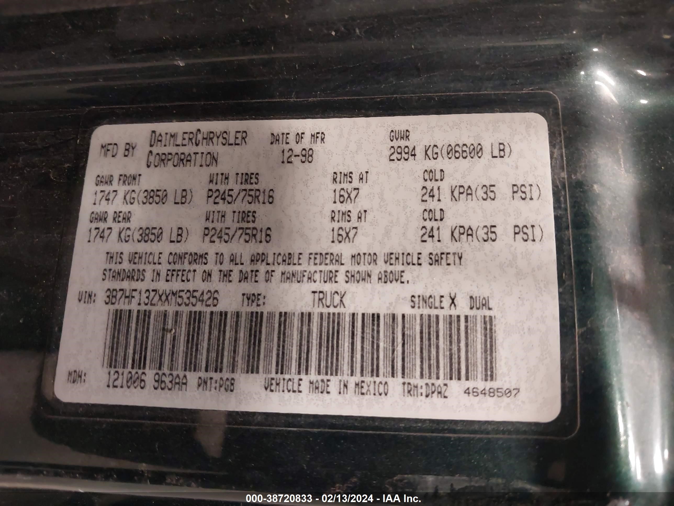 Photo 8 VIN: 3B7HF13ZXXM535426 - DODGE RAM 