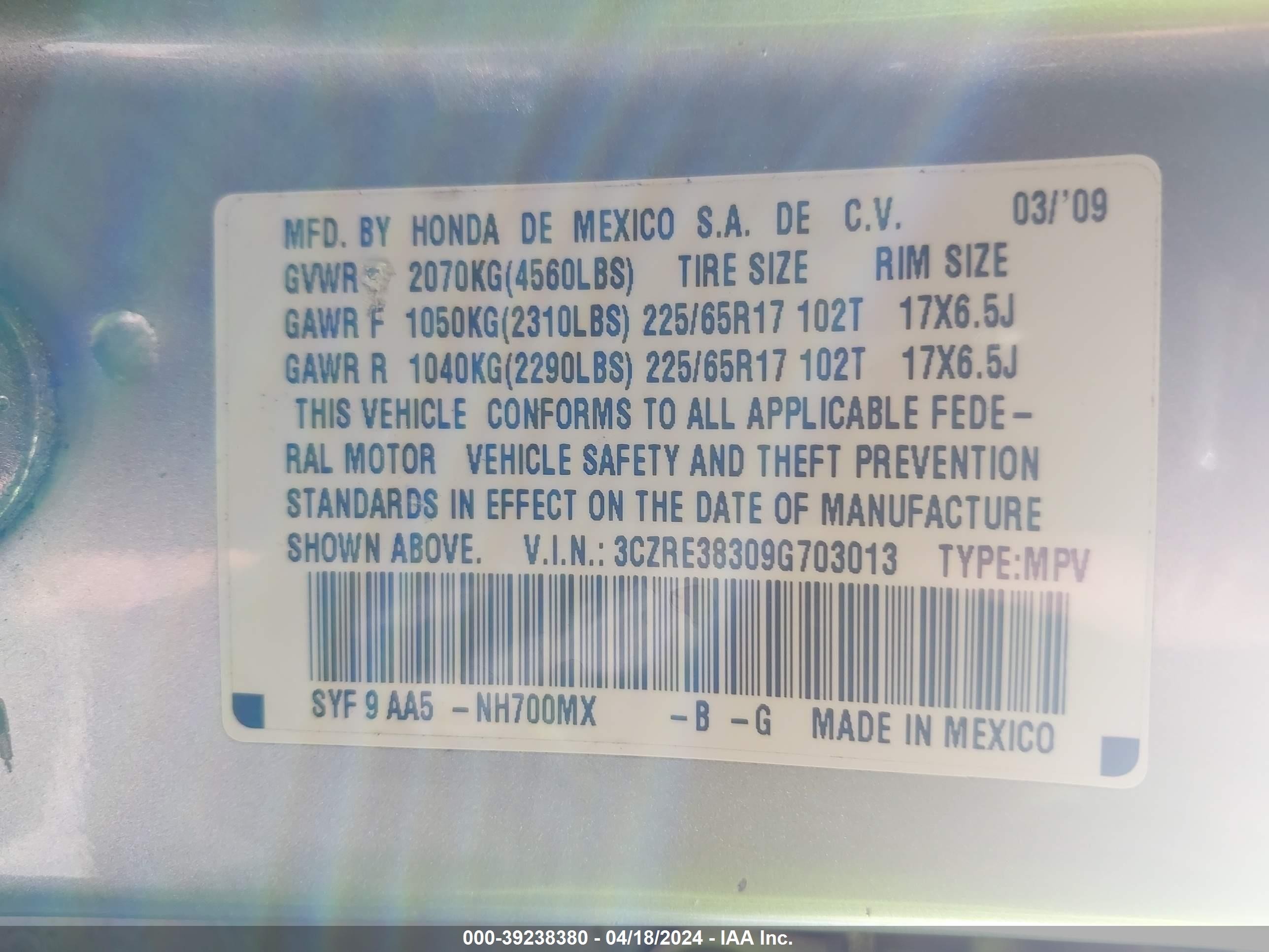 Photo 8 VIN: 3CZRE38309G703013 - HONDA CR-V 