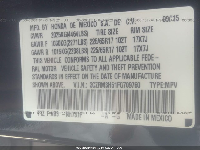 Photo 8 VIN: 3CZRM3H51FG709760 - HONDA CR-V 