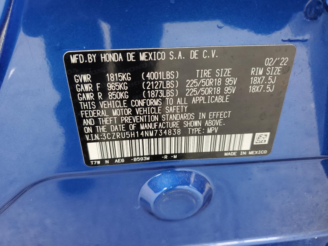 Photo 11 VIN: 3CZRU5H14NM734838 - HONDA HR-V 