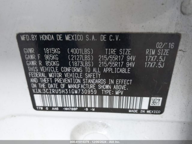 Photo 8 VIN: 3CZRU5H31GM730959 - HONDA HR-V 