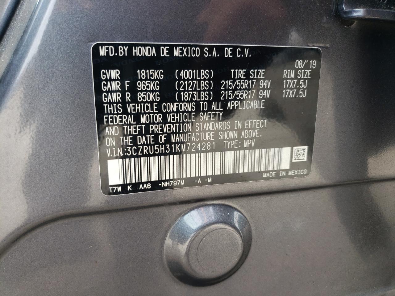 Photo 12 VIN: 3CZRU5H31KM724281 - HONDA HR-V 