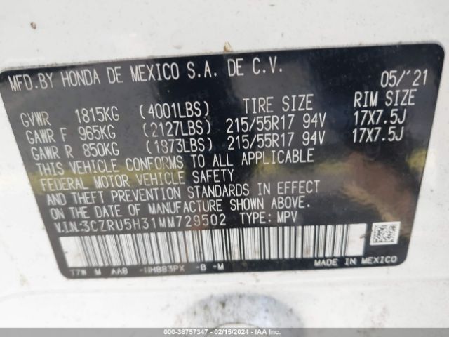 Photo 8 VIN: 3CZRU5H31MM729502 - HONDA HR-V 