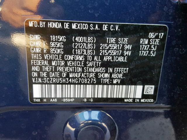 Photo 9 VIN: 3CZRU5H34HG708275 - HONDA HR-V LX 