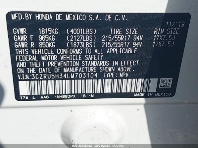 Photo 8 VIN: 3CZRU5H34LM703104 - HONDA HR-V 