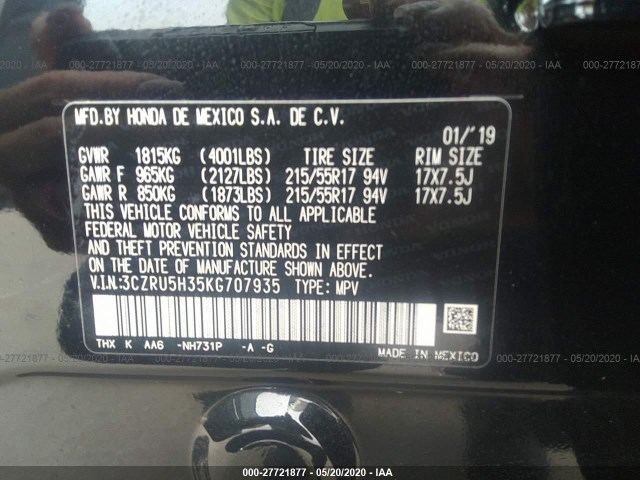 Photo 8 VIN: 3CZRU5H35KG707935 - HONDA HR-V 