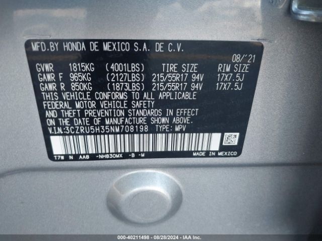 Photo 8 VIN: 3CZRU5H35NM708198 - HONDA HR-V 