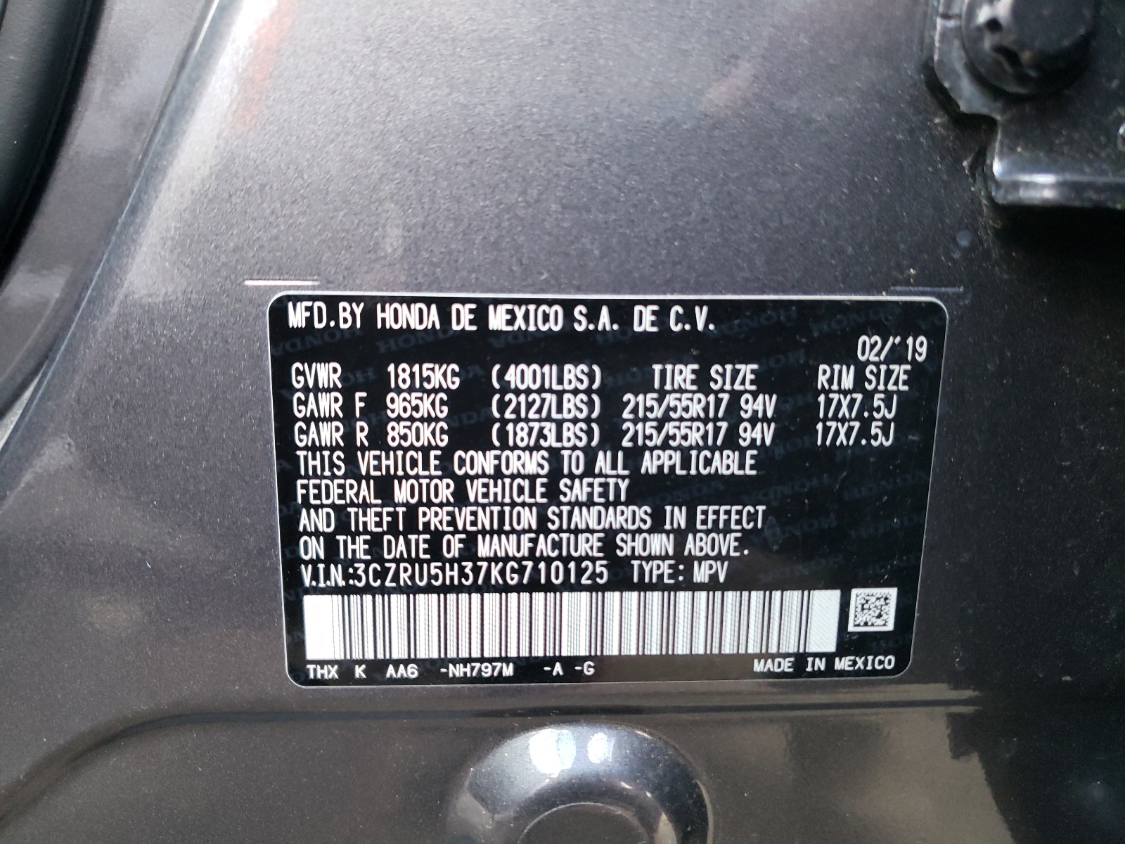 Photo 9 VIN: 3CZRU5H37KG710125 - HONDA HR-V 