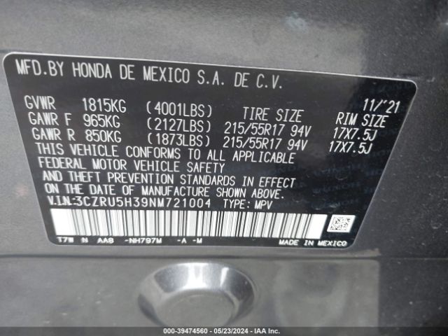 Photo 8 VIN: 3CZRU5H39NM721004 - HONDA HR-V 