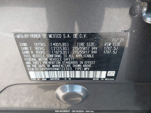 Photo 8 VIN: 3CZRU5H50NM722303 - HONDA HR-V 